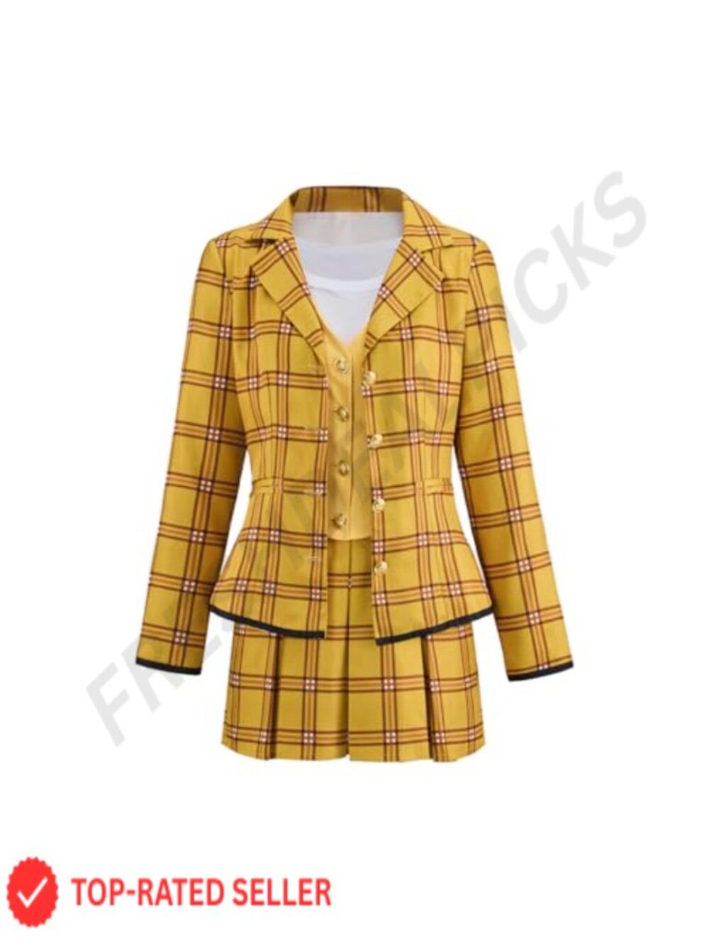 Women's Yellow Plaid School Uniform Costume Set Jacket Shirt Vest Skirt